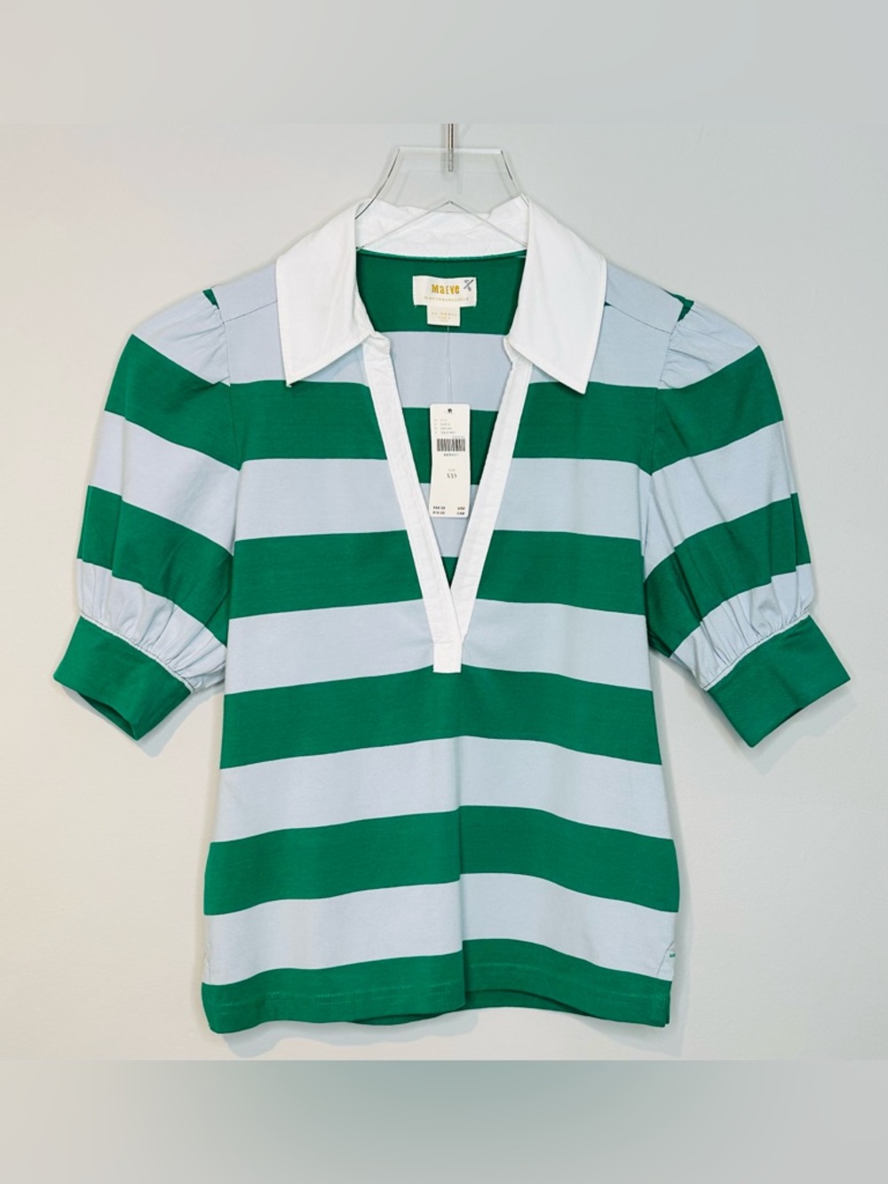 Anthro Maeve Puff Sleeve Green Blue Stripe Rugby Polo Shirt Top NWT - Picture 4 of 15